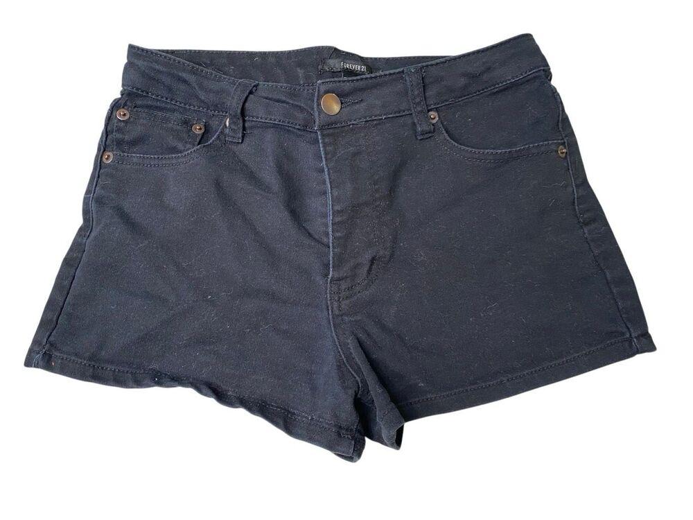 Forever 21 Black High Rise Stretch Denim Shorts Cuffed Casual Festival Y2K